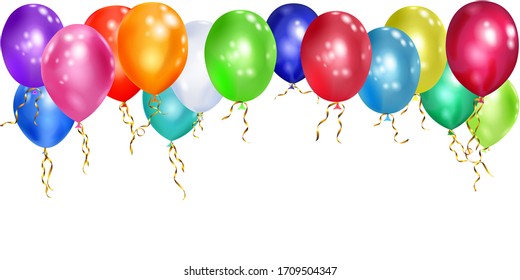 Illustration of colorful balloons with ribbons on white background