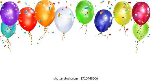 Illustration of colorful balloons with ribbons and shiny pieces of serpentine on white background