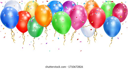 Illustration of colorful balloons with ribbons and shiny pieces of serpentine on white background