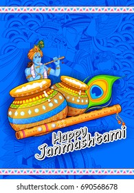 illustration of colorful banner with dahi handi and Krishna for Janmashtami festival of India