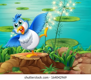 Illustration of a colorful bird above the stump near the pond