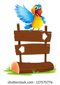 Illustration of a colorful bird and the signboard on a white background