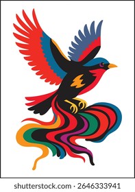 Illustration of a colorful bird with wings spread and a long flowing tail on a white background