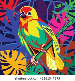 Illustration of colorful birds with abstract leaves background - vector.