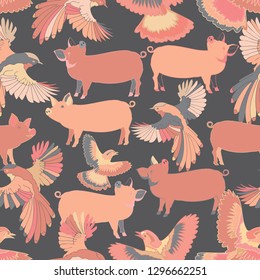 Illustration of colorful birds, blue jays, falcons surrounded by pigs. Seamless repeat pattern