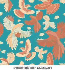 Illustration of colorful birds, blue jays, falcons surrounded by clouds. Seamless repeat pattern
