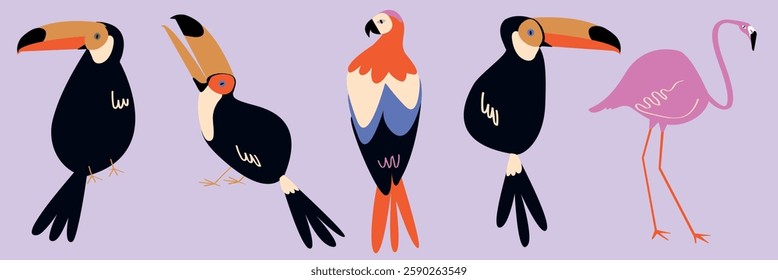 Illustration of colorful birds including toucans, a parrot, and a flamingo. Vibrant toucans, a striking parrot, and a pink flamingo on a light background. Animal illustrations, isolated vector set.