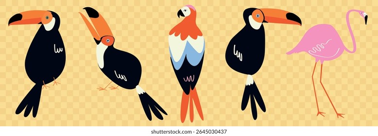 Illustration of colorful birds including toucans, a parrot, and a flamingo. Vibrant toucans and flamingo stand out. Parrot adds diversity to the bird lineup. Animal illustrations, isolated vector set.