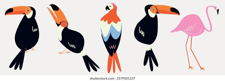 Illustration of colorful birds: toucans and a flamingo. Toucans with large beaks, vibrant colors. Flamingo in pink. Birds in a playful, artistic style. Animal illustrations, isolated vector set.