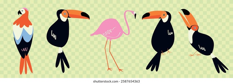 Illustration of colorful birds: toucans, flamingo, and parrot. Vibrant toucans, pink flamingo, and a parrot on a checkered background. Bird-themed design. Animal illustrations, isolated vector set.