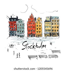 Illustration of colorful buildings of Stockholm.