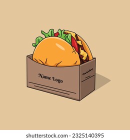 illustration of a colorful burger in a brown cardboard packaging box. cute burgers. vector realistic burger. burger box