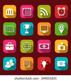 Illustration colorful business and office objects, flat icons with long shadows - vector