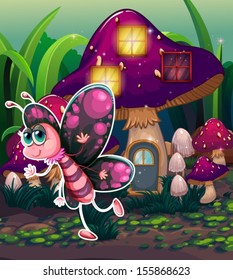 Illustration of a colorful butterfly near the lighted mushroom house