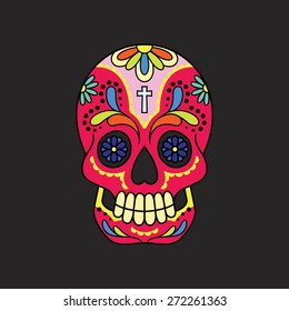 Illustration of a colorful calavera (mexican sugar skull) against a black backdrop. Eps 8 Vector.