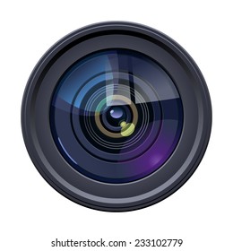 illustration of colorful camera lens on white background. Simple gradients only, no gradient mesh. 