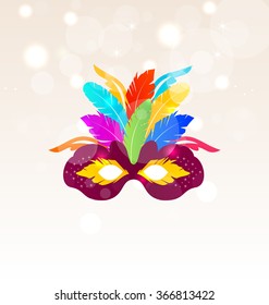 Illustration Colorful Carnival Mask with Feathers on Glowing Background, Copy Space for Your Text - Vector