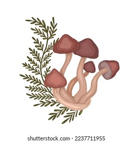 Illustration of colorful cartoon false mushroom with fern stems on white background. Honey mushrooms with herbal decoration. Vector drawing of grebe. Botanical fall clipart for card and banner.