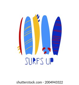 Illustration with colorful cartoon surfboards. Funny poster, print or t-shirt design.