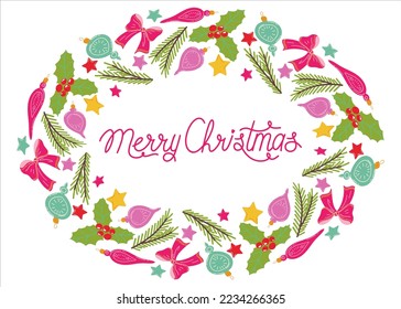 Illustration with colorful Christmas toys. Festive template with place for text. Vector illustration for postcards, banners and invitations. Happy holiday background.