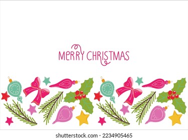 Illustration with colorful Christmas toys. Festive template with place for text. Vector illustration for cards, banners and invitations.