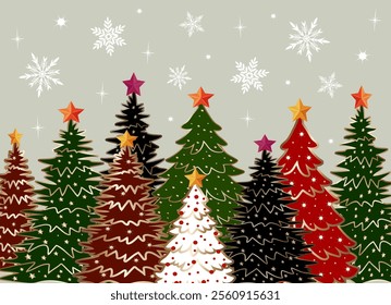 Illustration with colorful Christmas trees.Vector illustration with multicolored Christmas trees and golden decor on a colored background with snowflakes.