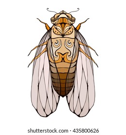Illustration of colorful cicada  with boho pattern. Vector element for coloring prints, T-shirts, tattoos 