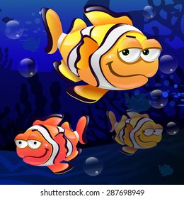 Illustration of colorful clownfish in the water.