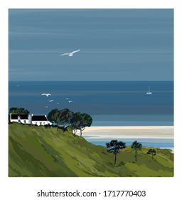 Illustration of a colorful coastline landscape in Brittany France - vector illustration (Ideal for printing on fabric or paper, poster or wallpaper, house decoration) Landscape totally fictitious