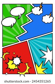 Illustration of a colorful comic strip background design with speech bubbles, clouds, and explosions. Vector illustration.