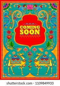 illustration of colorful Coming Soon banner in truck art kitsch style of India