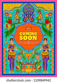 illustration of colorful Coming Soon banner in truck art kitsch style of India