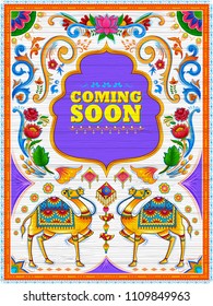 illustration of colorful Coming Soon banner in truck art kitsch style of India