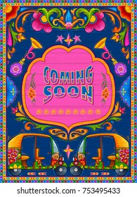 illustration of colorful coming soon banner in truck art kitsch style of India