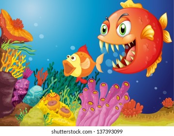 Illustration of the colorful coral reefs with two fishes