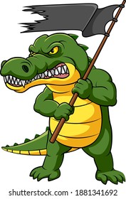 The illustration of the colorful crocodile with the angry expression holding the black flag