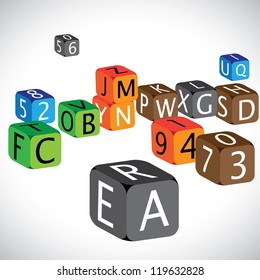 Illustration of colorful cubes of alphabets and numbers. The cubes are made of english language characters and numerals in capital case which are used to teach children