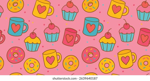 Illustration of colorful cups, coffee and pastries. Seamless pattern. Suitable for fashion design, decoration, fabric, wallpaper and printing on a pink background.