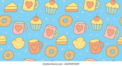 Illustration of colorful cups, coffee and pastries. Seamless pattern. Suitable for fashion design, decoration, fabric, wallpaper and printing on a blue background.