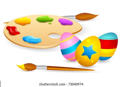 illustration of colorful decorated easter eggs with color palette and paint brush on white background