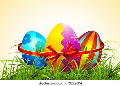 illustration of colorful decorated easter eggs on meadow