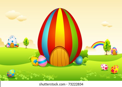 illustration of colorful decorated easter eggs house on meadow
