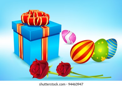 illustration of colorful decorated easter eggs with ribbon and gift box