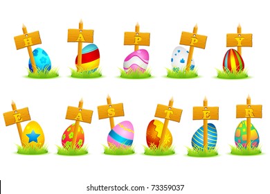 illustration of colorful decorated eggs on grass with happy easter written on boards