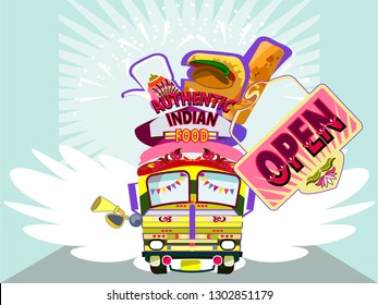 Illustration Of Colorful Desi Food Truck.Indian And Pakistani  Design.Vector  For Design Invitation, Card, Wallpaper,poster.