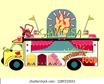 Illustration of colorful Desi food truck.Welcome banner kitsch style.Indian and Pakistani  design.