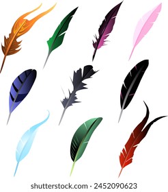 Illustration Colorful Different Shapes Feathers Gamedev Items. Vector illustration 10 pieces of feathers for games or applications of different shapes, rounded, sharp and forked. The fiery feather of