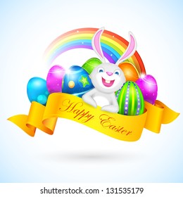 illustration of colorful Easter egg with bunny and ribbon