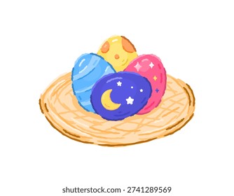 Illustration of colorful Easter eggs with beautiful patterns in a nest. Nest made of straw. Special Easter celebration. Festival, event, party, decoration, or ornament. Flat design outline crayon style. White background.
