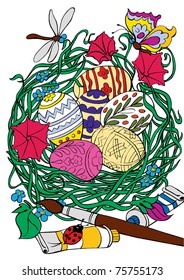 illustration of colorful easter eggs in grass bowl